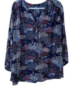 NYDJ Womens 3/4 Perfect Blouse Multicolor Print Pattern V Neck Plus 2X
